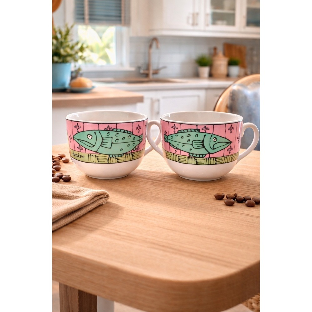 Whimsical Folk Art Cottage Core Ursula Dodge Bad Cat Collection Mugs Set of 2